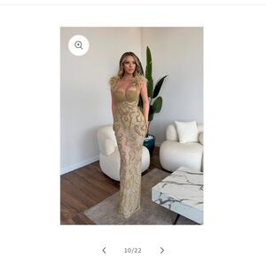 Elegant Gold Feathered Evening Gown